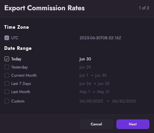 Commission Rate Export Modal Step 1 - Select a Date Range