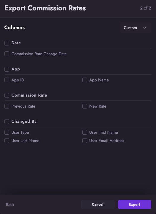 Commission Rate Export Modal Step 2 - Customize Columns